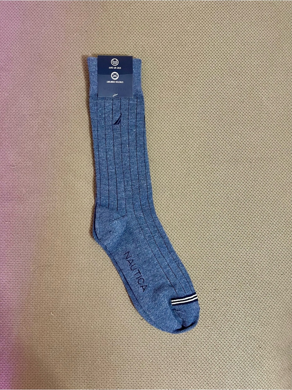 Nautica Men's Heathered Navy Ribbed Crew Socks with Stripe Detail